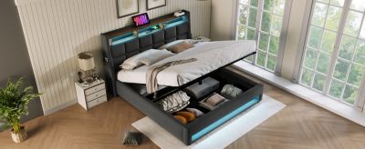 Streamdale Grey Upholstered Platform Bed with Storage and LED