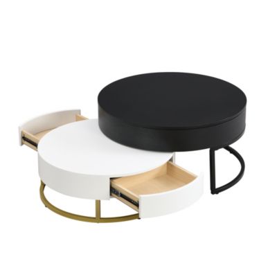 Modern Round Lift-Top Coffee Table with Drawers (White & Black)