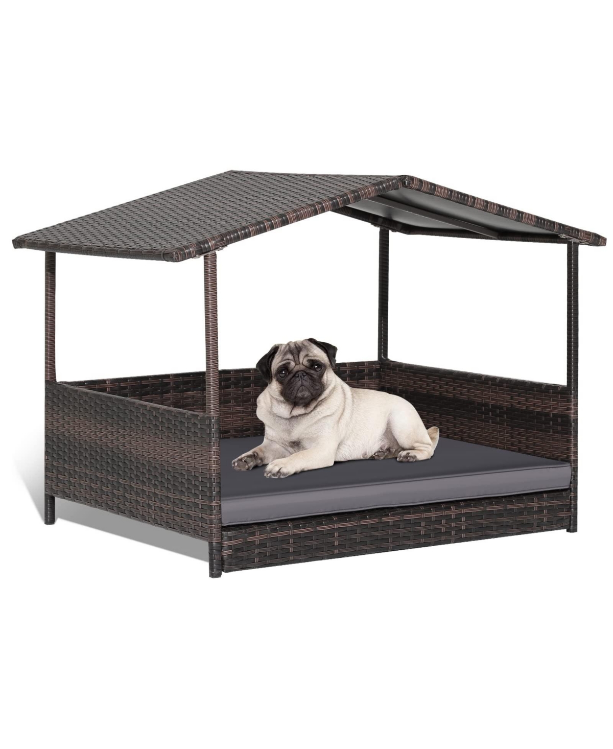 Outdoor Wicker Dog House with Weatherproof Roof - Grey