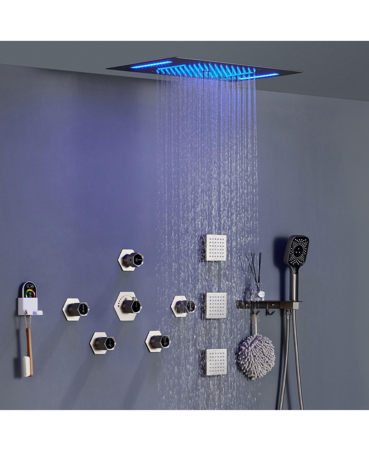 Mondawe Ceiling Mounted Luxury Led Shower System Set with Handheld Spray, 3 Body Jets & Remote Control, Brushed Gold