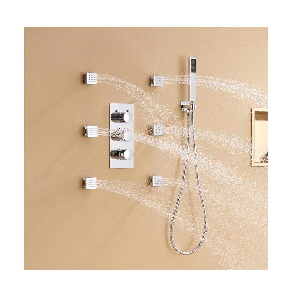 Mondawe Wall Mounted Thermostatic Luxury Shower System Set with Handheld Spray & 6 Body Jets,- Chrome