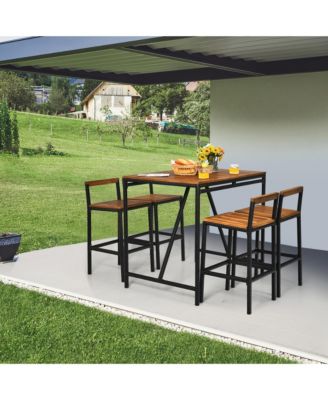 5PCS Patio Bar Table Set PE Rattan High-Dining Bistro Set w/ Acacia Wood Top