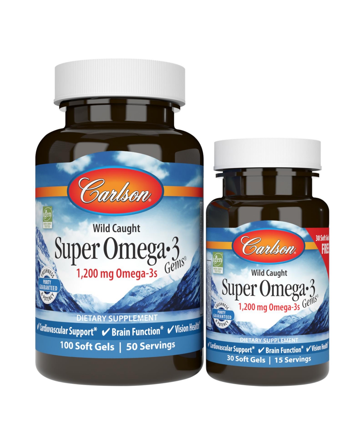 Carlson - Super Omega-3 Gems, 1200 mg Omega-3s, Norwegian, Wild Caught, Sustainably Sourced, Bonus Bottle, 100+30 Softgels