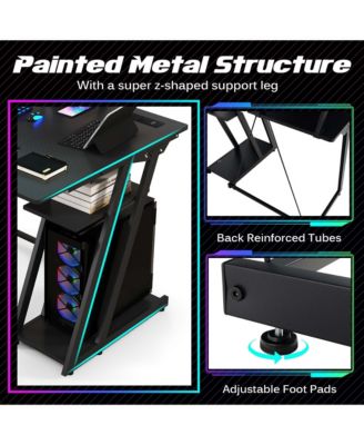 L-Shaped Gaming Desk with Outlets & USB Ports Monitor Shelf Headphone Hook