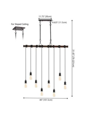 Rhys 40" 8-Light Vintage Industrial Driftwood Iron LED Linear Chandelier with Height Adjustable Bulbs, Brown Wood Finish/Black