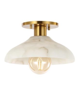 Amara 10" 1-Light Mid-Century Classic Alabaster/Iron LED Semi Flush Mount, White/Brass Gold