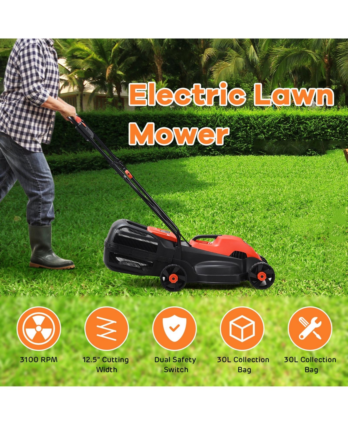 Slickblue Electric Push Lawn Corded Mower with Grass Bag