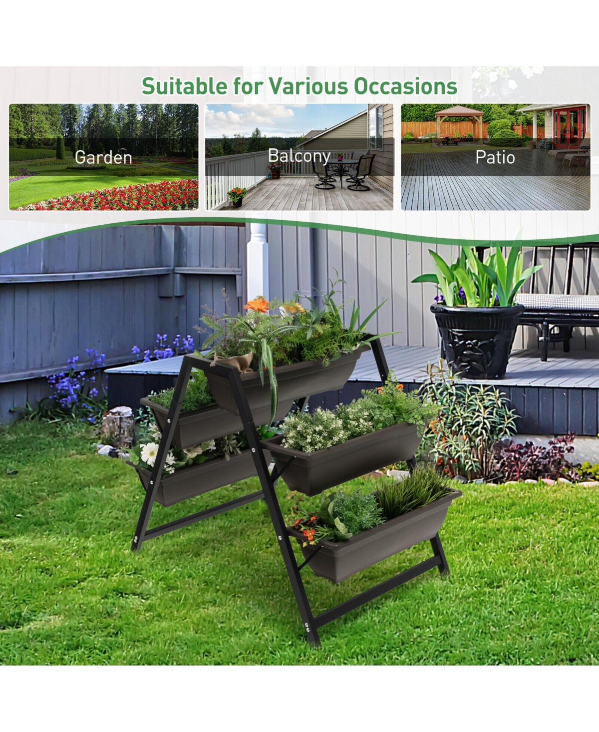 Slickblue 3-Tier Vertical Raised Garden Bed with 5 Plant Boxes - Black and Brown