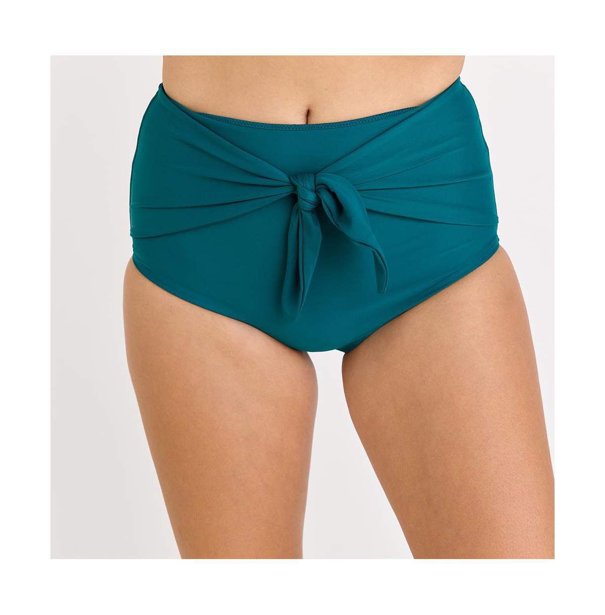 Plus Size High Waisted Bikini Bottom With Front Tie - Tropical views/navy polka dot