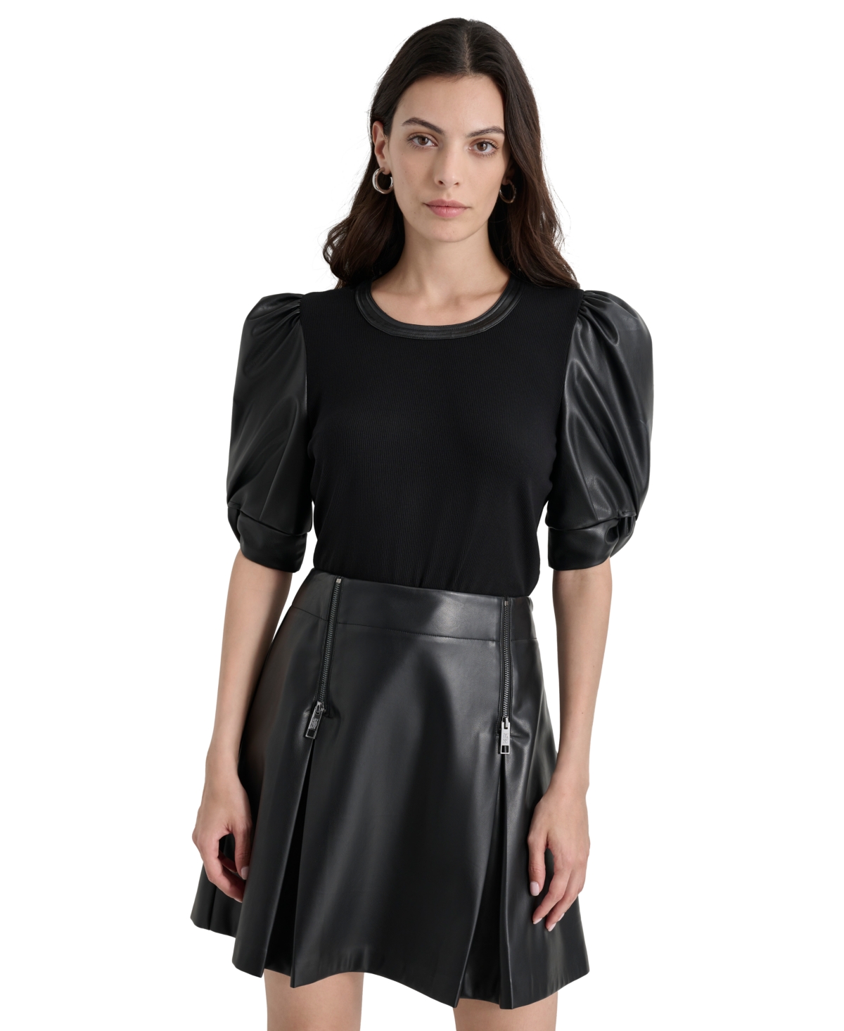 Women's Faux-Leather Puff-Sleeve Blouse - Black