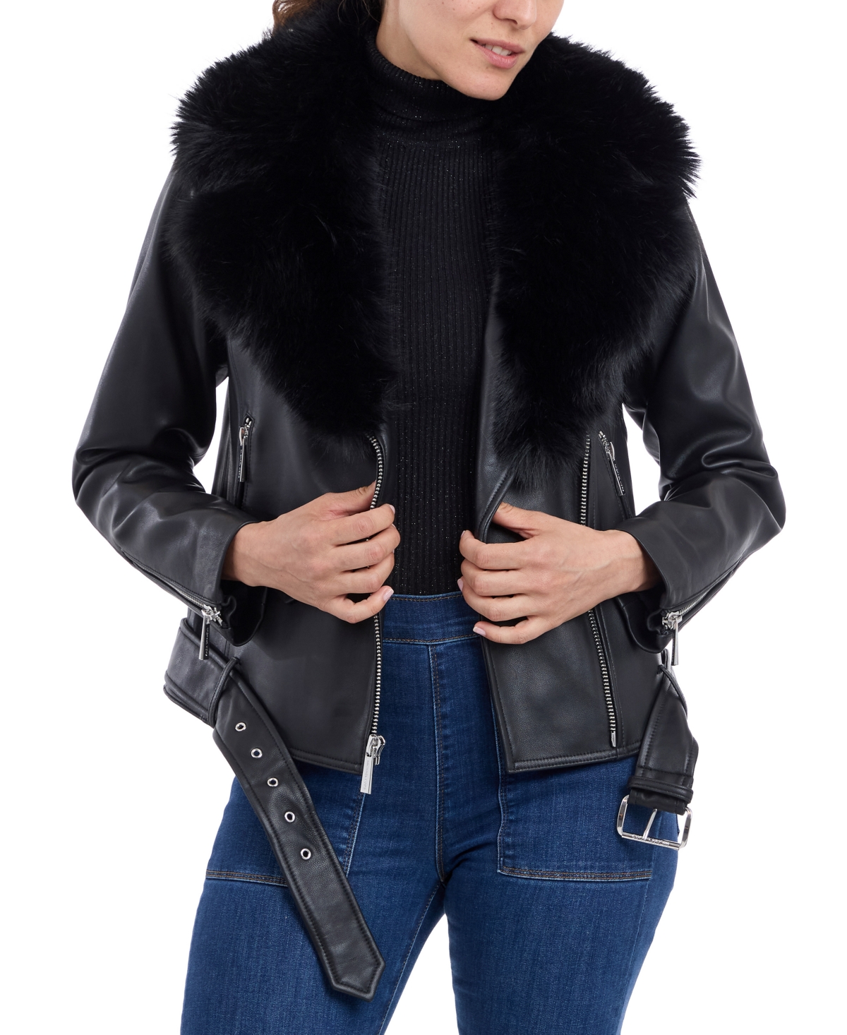 Michael Michael Kors Women's Faux-Fur-Trim Leather Moto Coat