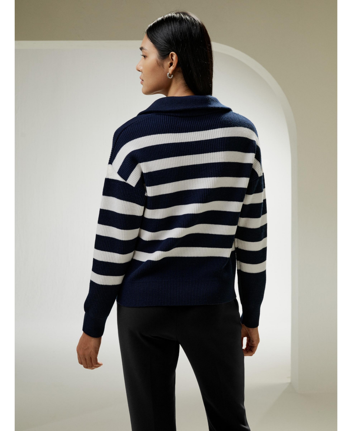 Lilysilk Women's Collared Quarter-Zip Wool Sweater for Women - Navy blue and white stripes