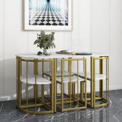 7-Piece Marble Table Set w/ Gold Base