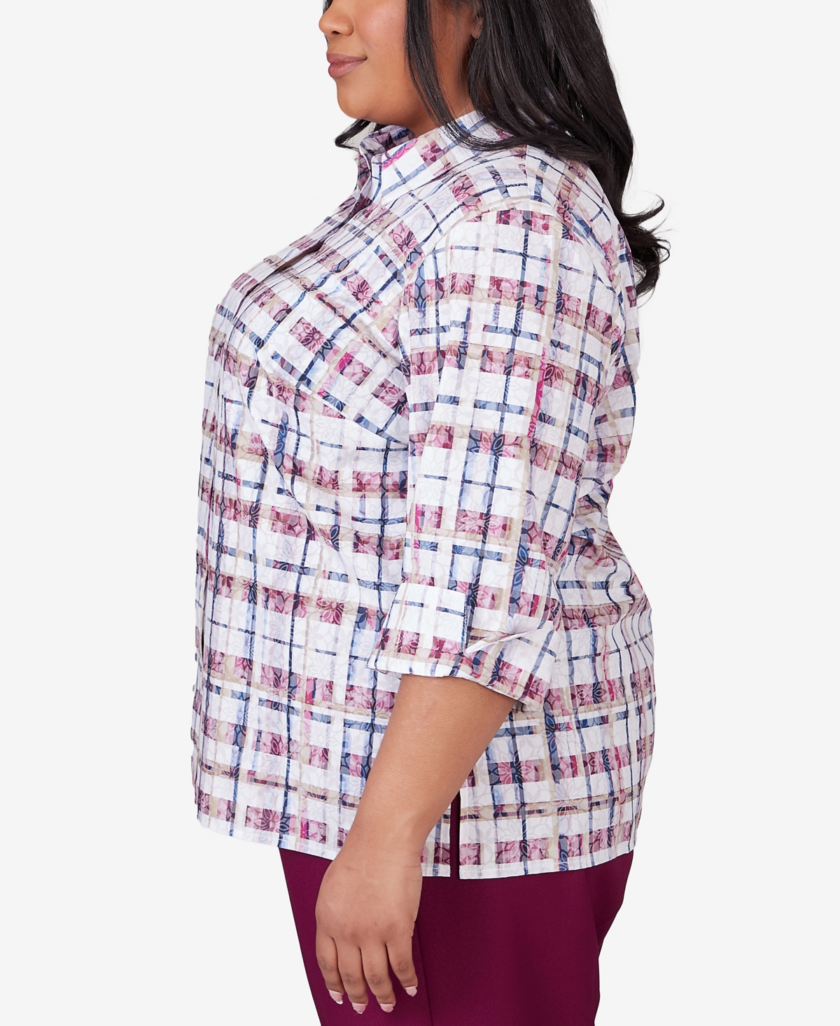 Alfred Dunner Plus Size Classic Plaid Cuffed Sleeve Button Front Top