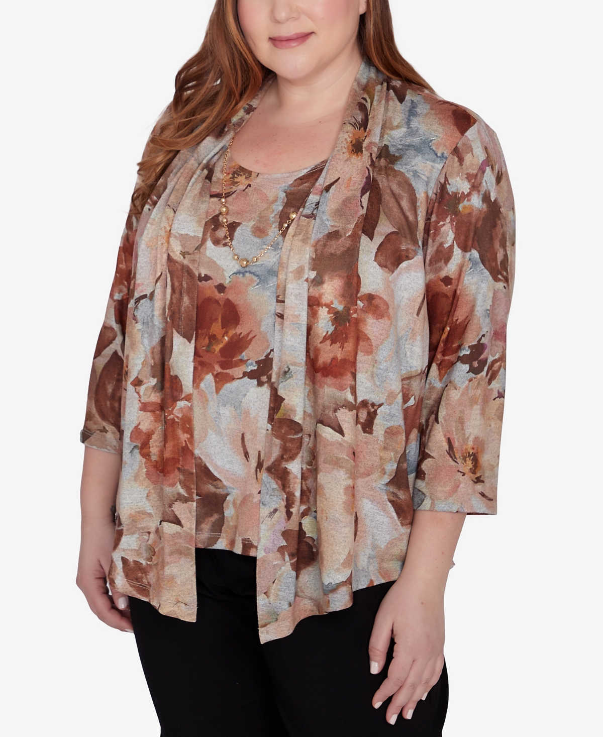 Alfred Dunner Plus Size Classic Watercolor Floral Melange Two In One Top With Necklace