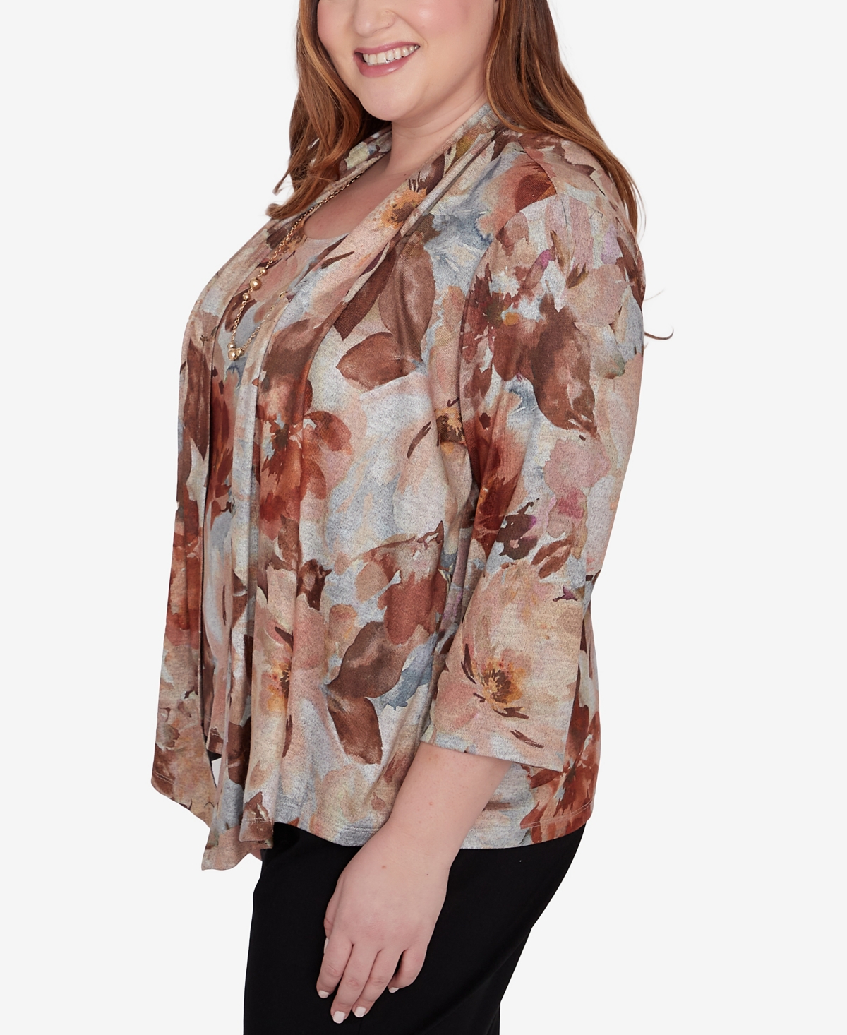 Alfred Dunner Plus Size Classic Watercolor Floral Melange Two In One Top With Necklace