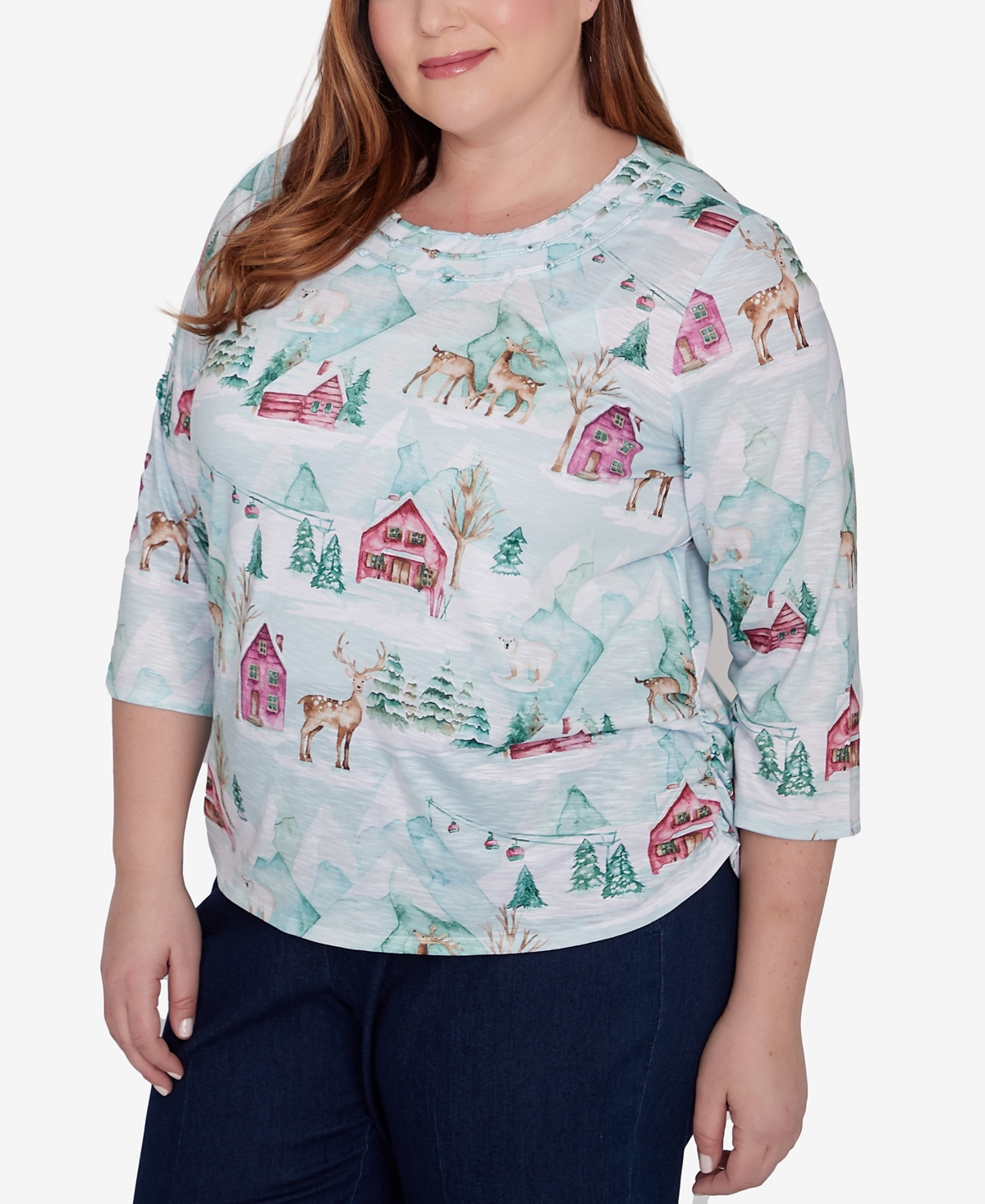 Alfred Dunner Plus Size Classic Triple Notch Neck Deer Village Top In Multi Green