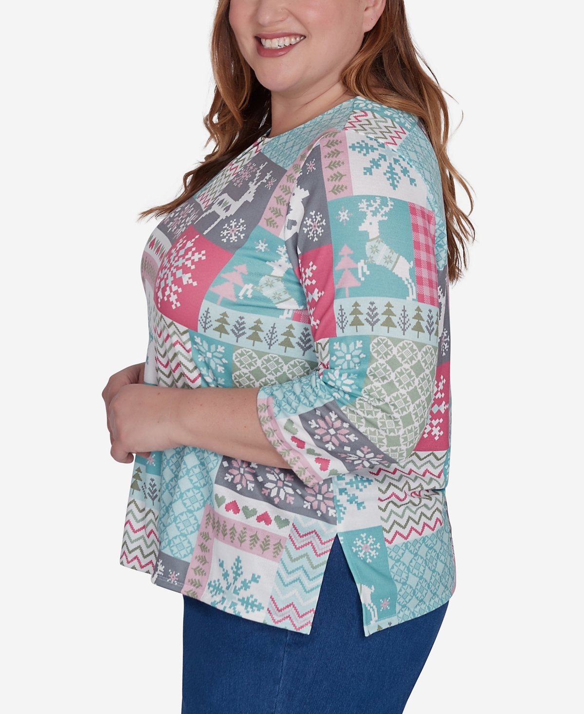 Alfred Dunner Plus Size Classic Reindeer Patch Work Top In Multi Green