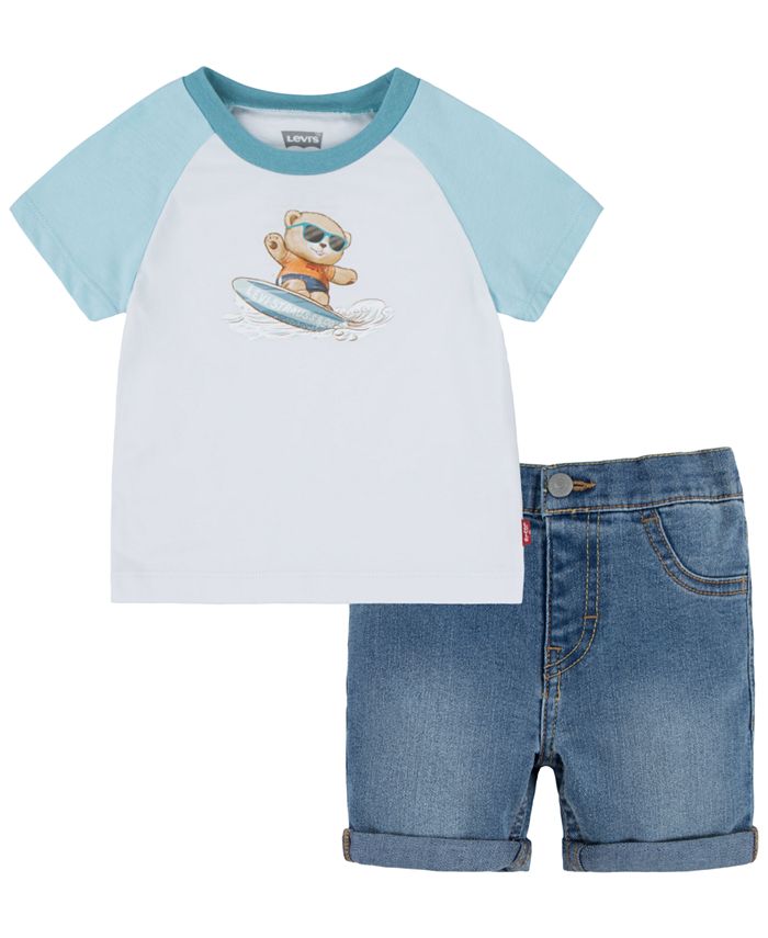 Babyhug Sleeveless Striped T-Shirt & Denim Shorts Set California Print - Orange Blue