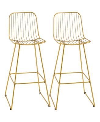 Modern Bar Stools Set of 2 Bar Chairs w/ Back Footrest Steel Frame, Gold