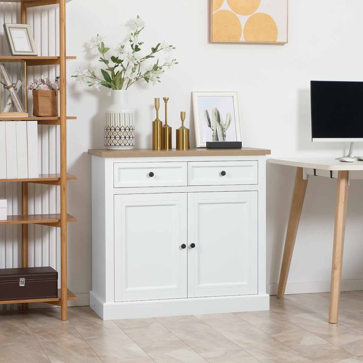 Homcom Modern Buffet Cabinet with 2 Storage Drawers and Adjustable Shelves,- White