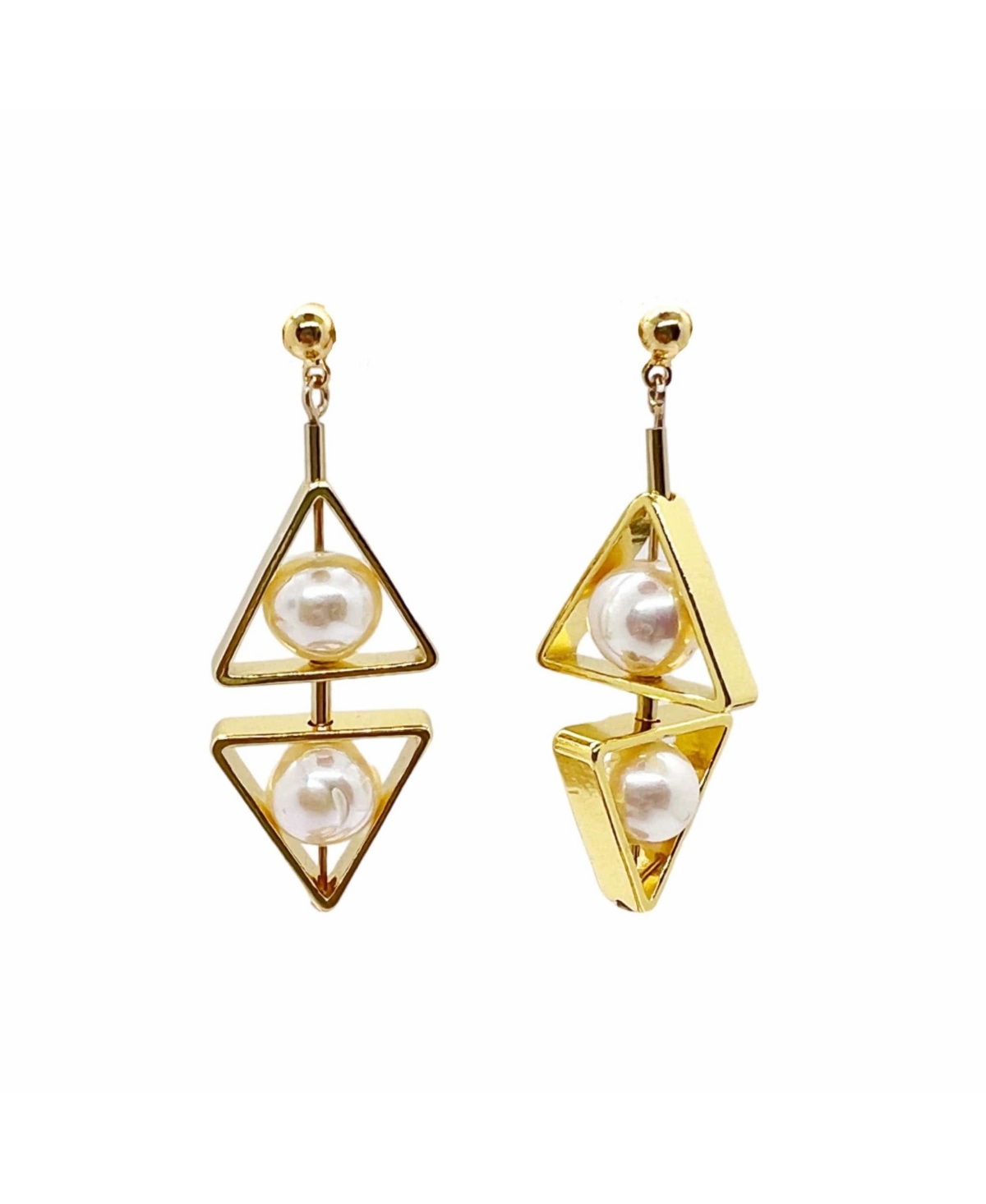 Double Triangle Pearl Earrings - Gold