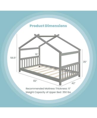 Twin Size House Bed with Roof Wooden Low Floor Bed No Box Spring Needed