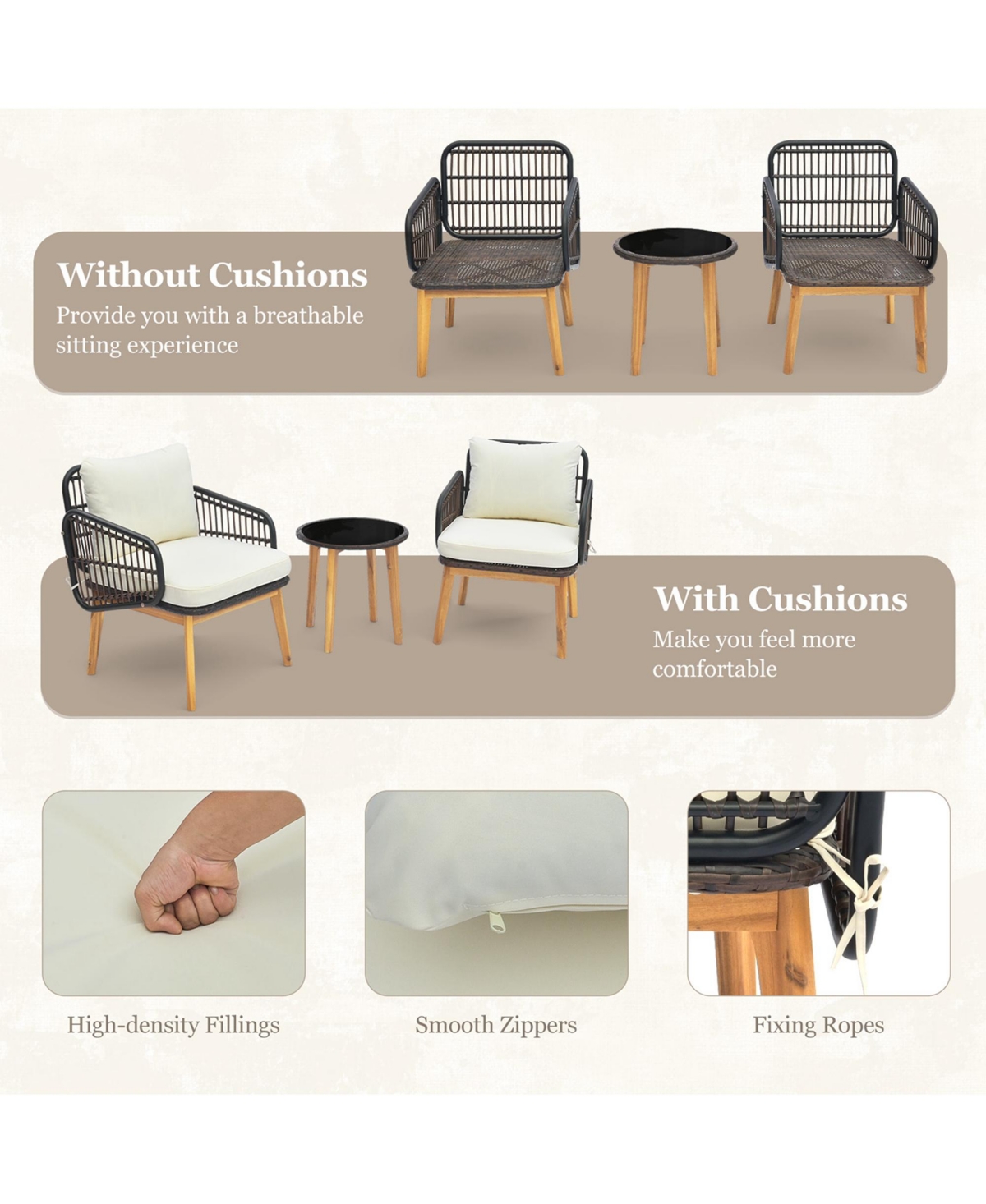 Costway 3 Pcs Patio Furniture Set with Cushioned Chairs and Tempered Glass Side Table