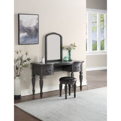 Bedroom Classic Vanity Set Wooden Carved Mirror Stool Drawers Finish