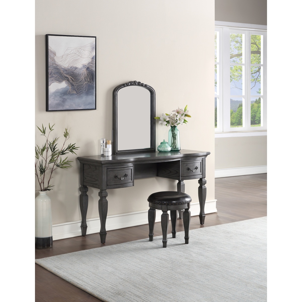 Streamdale Furniture Bedroom Classic Vanity Set Wooden Carved Mirror Stool Drawers Finish