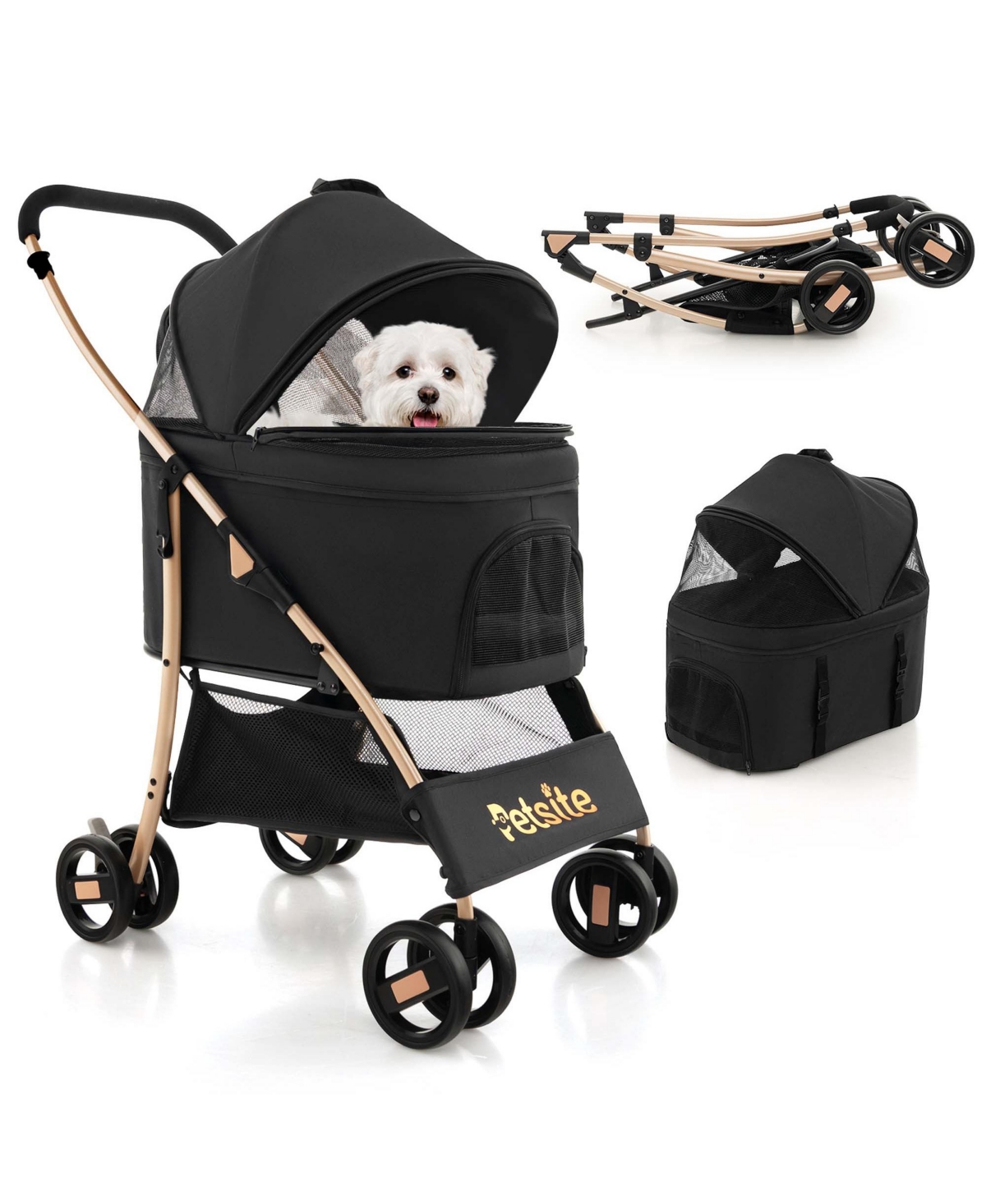 3-In-1 Pet Stroller with Removable Car Seat Carrier 4-Level Adjustable Canopy - Black