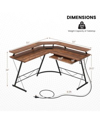 L-shaped Computer Desk with Power Outlet 51" Corner Computer Workstation Rustic