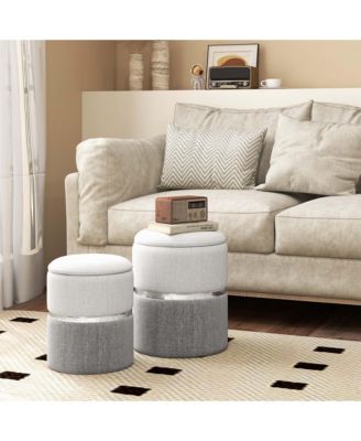 Linen Fabric Storage Ottoman Set of 2 Modern Round Ottoman with Storage for Bedroom