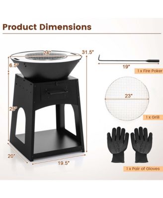 24" Heavy Duty Fire Pit with firewood rack Fire Poker Gloves Grilling Rack Outdoor