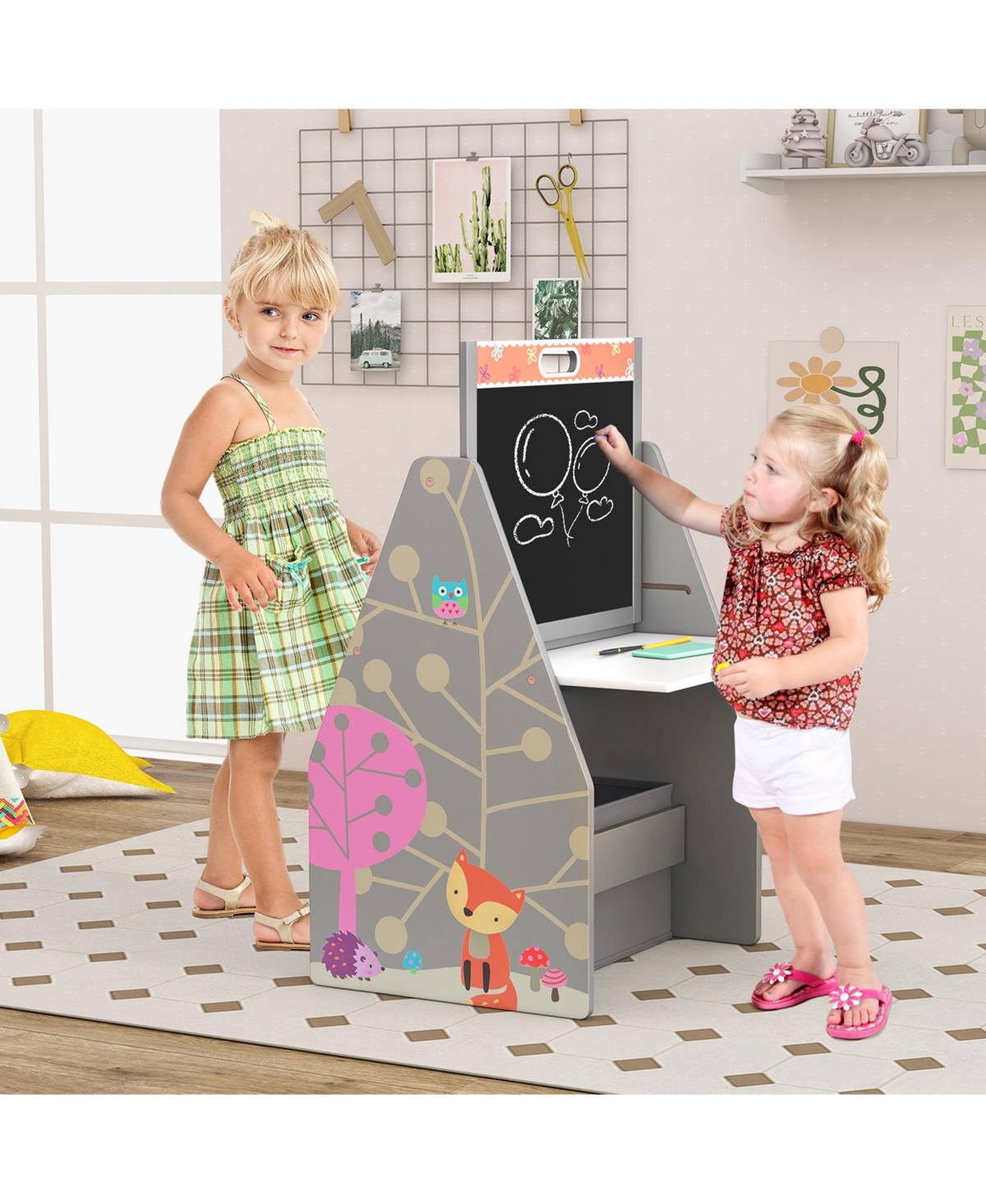 Costway Kids Table & Chair Set with Rotatable Double-sided Magnetic Blackboard Whiteboard