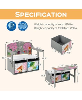 3 in 1 Kids Convertible Activity Bench Children Table & Chair Set with 2 Bins