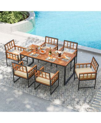 7 PCS Patio Dining Set Outdoor Acacia Wood Table with Soft Cushions Umbrella Hole