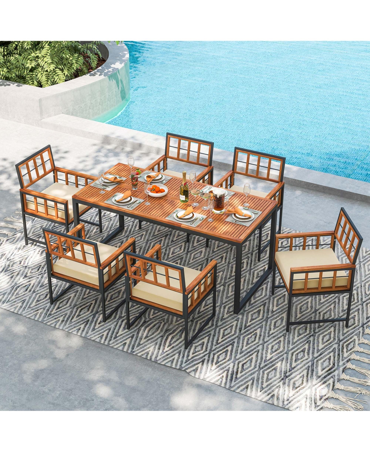 Costway 7 Pcs Patio Dining Set Outdoor Acacia Wood Table with Soft Cushions Umbrella Hole