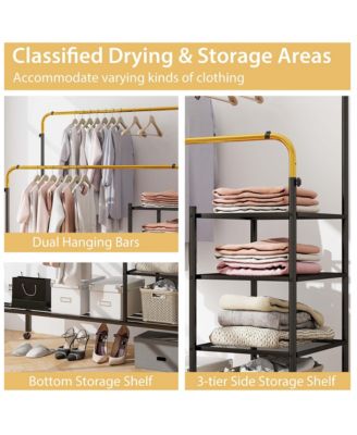 Rolling Clothes Drying Rack Double Rods Garment Rack with Height Adjustables