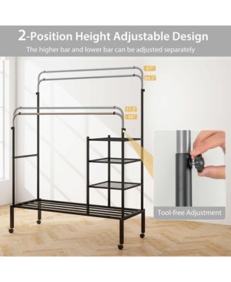 Rolling Clothes Drying Rack Double Rods Garment Rack with Height Adjustables