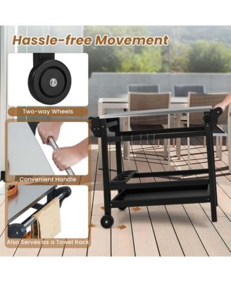 Movable Outdoor Dining Cart Table with Stainless Steel Tabletop, Seasoning Tray
