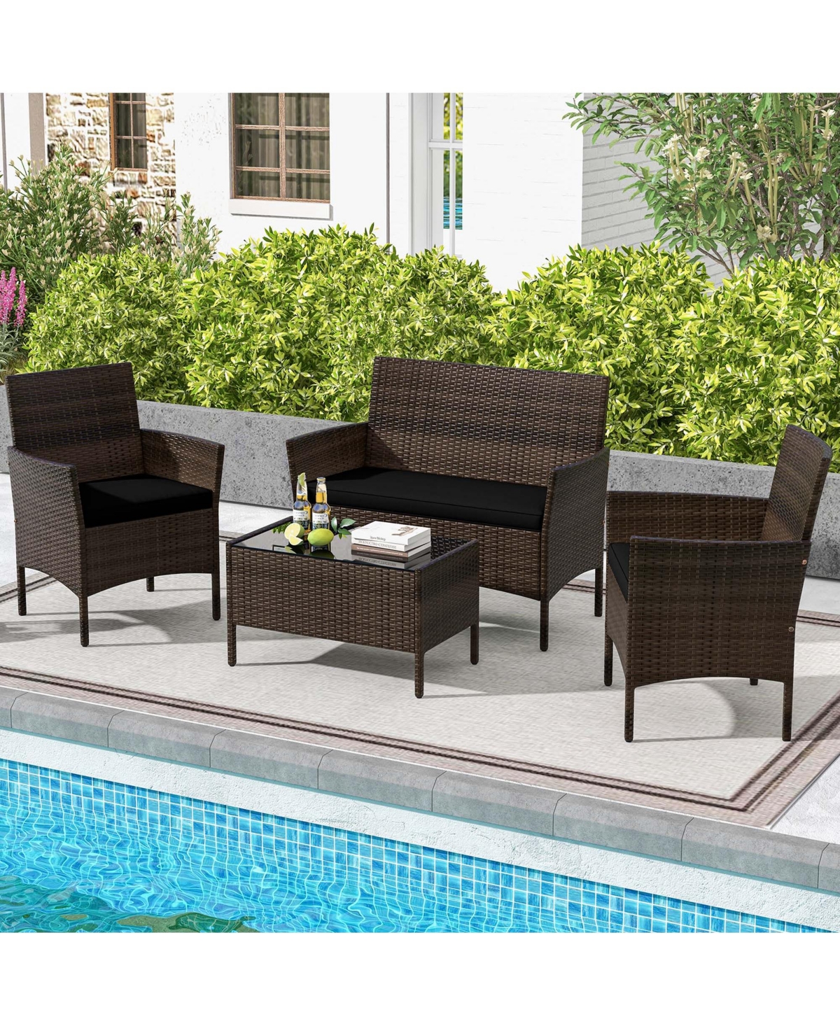 Costway 4 Pcs Patio Furniture Set with Washable Cushions and Tempered Glass Coffee Table