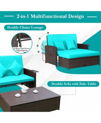 Patio Rattan Loveseat Set Daybed Lounge Storage Ottoman Side Tables Adjust