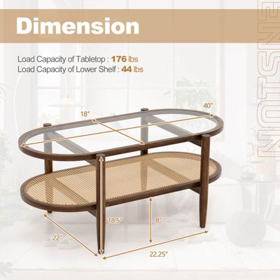 2-Tier Coffee Table Tempered Glass Top with PE Rattan Shelf & Acacia Wood Frame