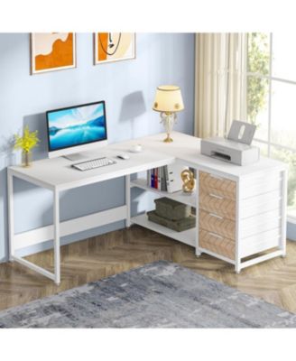 L Shaped Computer Desk with Storage Drawers, 59 inch Corner Desk with Shelves, Reversible L-Shaped Office Desk Study Writing Table Workstation for Home Office