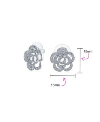 Pave CZ Accent Open Floral Love Rose Flower Stud Earrings For Women Wedding Party Bridesmaids Brides Rhodium Plated Brass 15MM