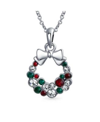 Fashion Sparkling Christmas Bow Red Green White Crystal Holiday Wreath Pendant Necklace Stud Earrings Jewelry Set Crystal