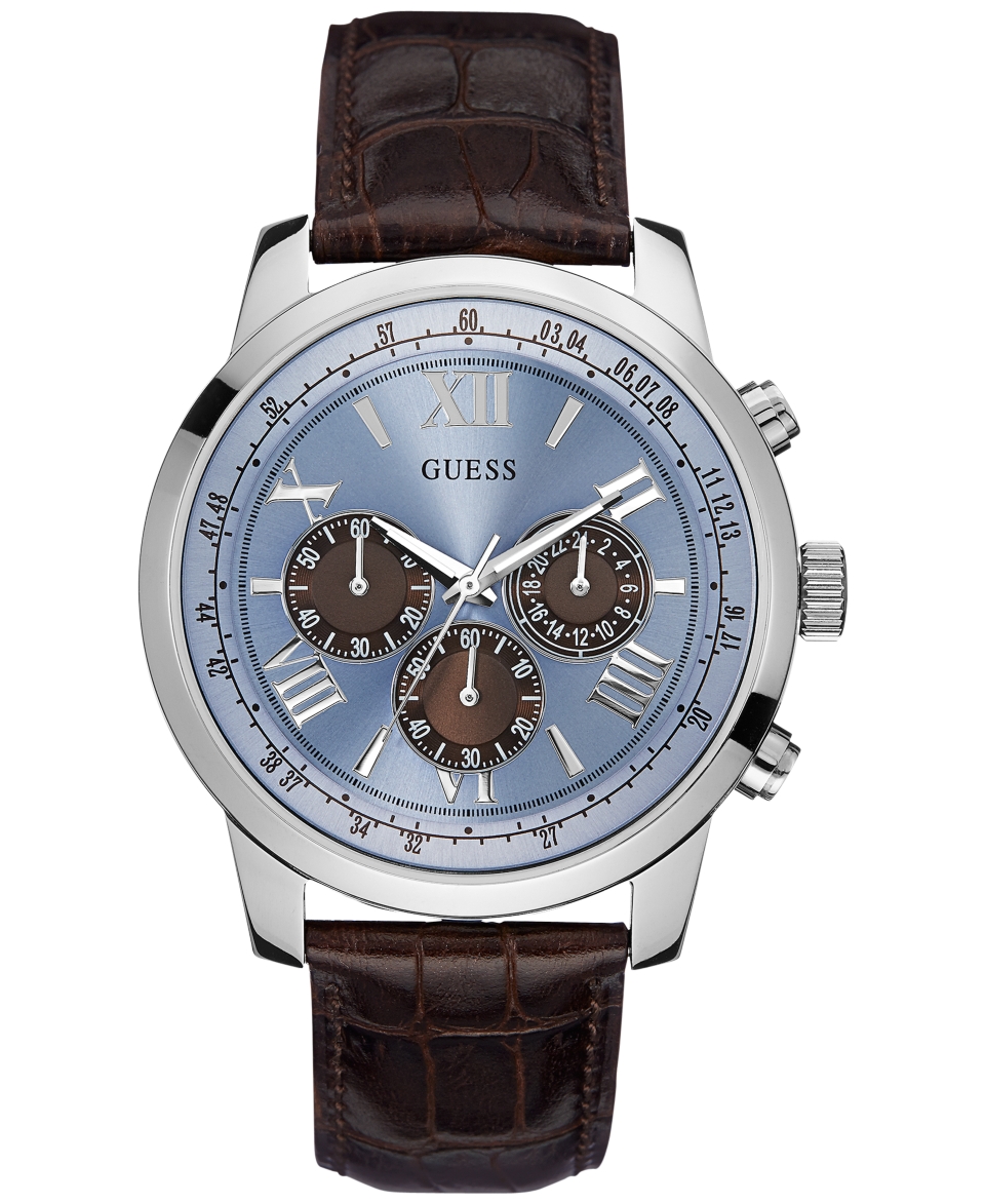 GUESS Mens Chronograph Brown Croc Embossed Leather Strap Watch 45mm