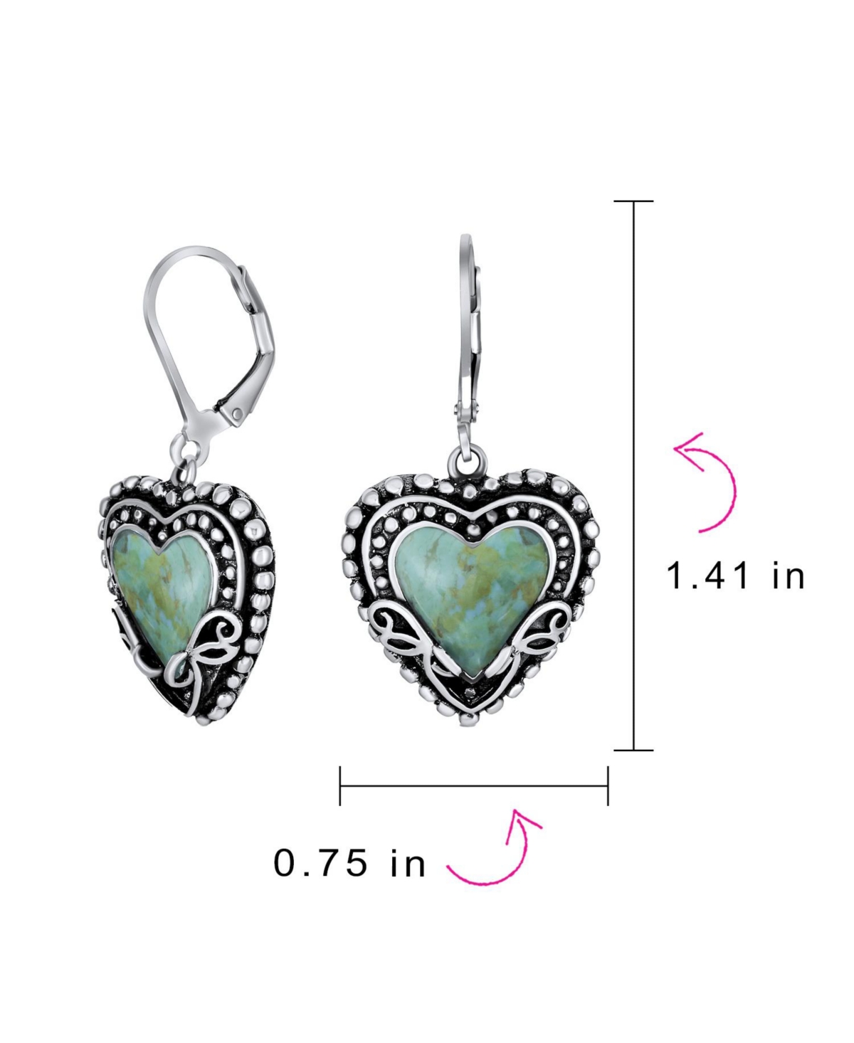 Bling Jewelry Boho Bali Style Scroll Filigree Blue Natural Turquoise Heart Shaped Dangling Earrings For Women Oxidized Sterling Silver Lever back - Bl