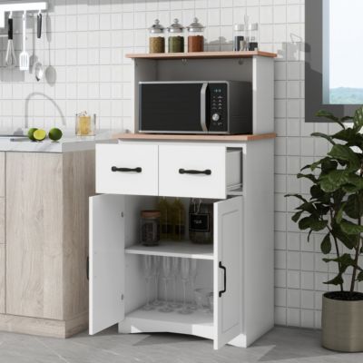 White Kitchen Pantry with Microwave Stand and Drawer